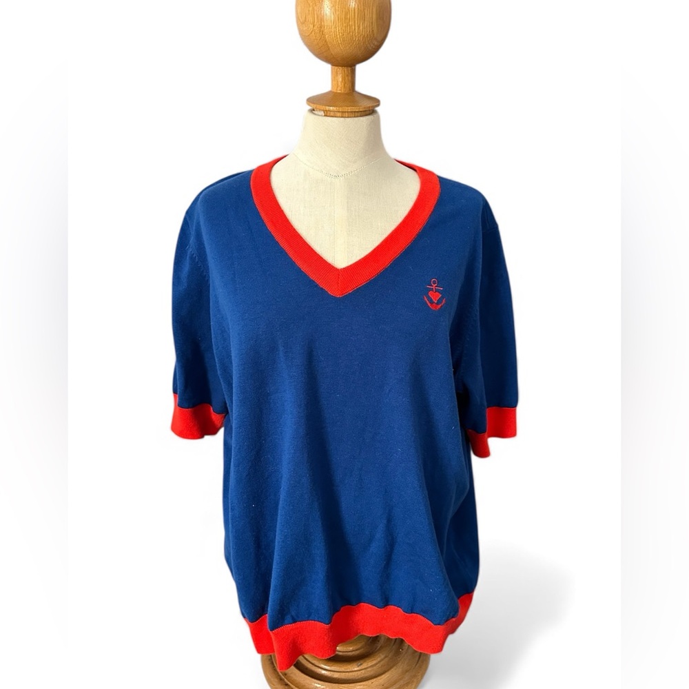 ModCloth V-Neck anchor short sleeve sweater 3X contrast trim EUC nautical top